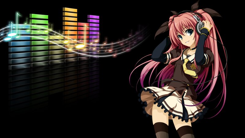 Anime Girl with Headphones — Black, Energetic, Night, Music Notes