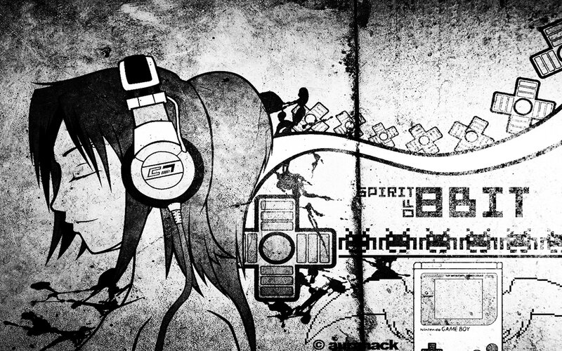 Anime Girl with Headphones — Black, Gritty