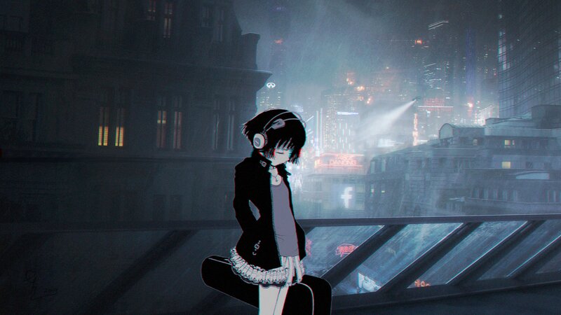 Anime Girl with Headphones — Black, Melancholic