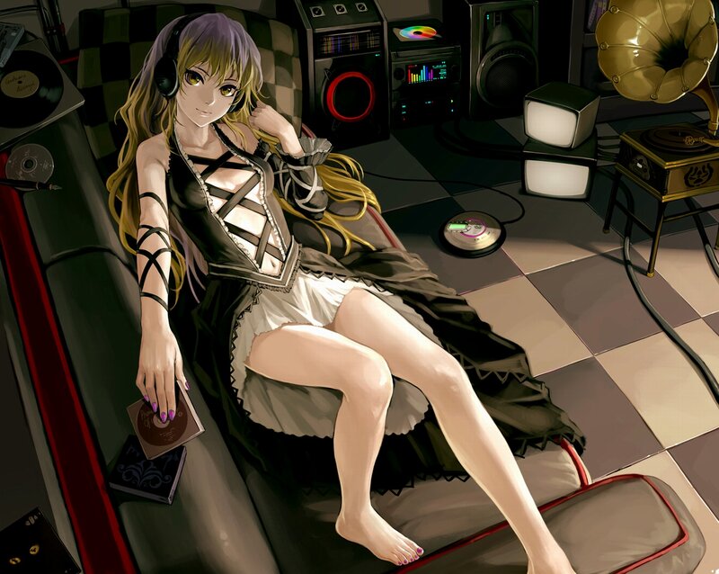 Anime Girl with Headphones — Black, Relaxed, Night