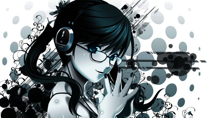 Anime Girl with Headphones — Black, Stylized, Digital Art