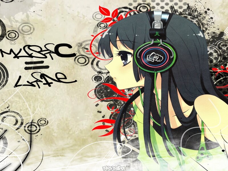 Anime Girl with Headphones — Black, Stylized