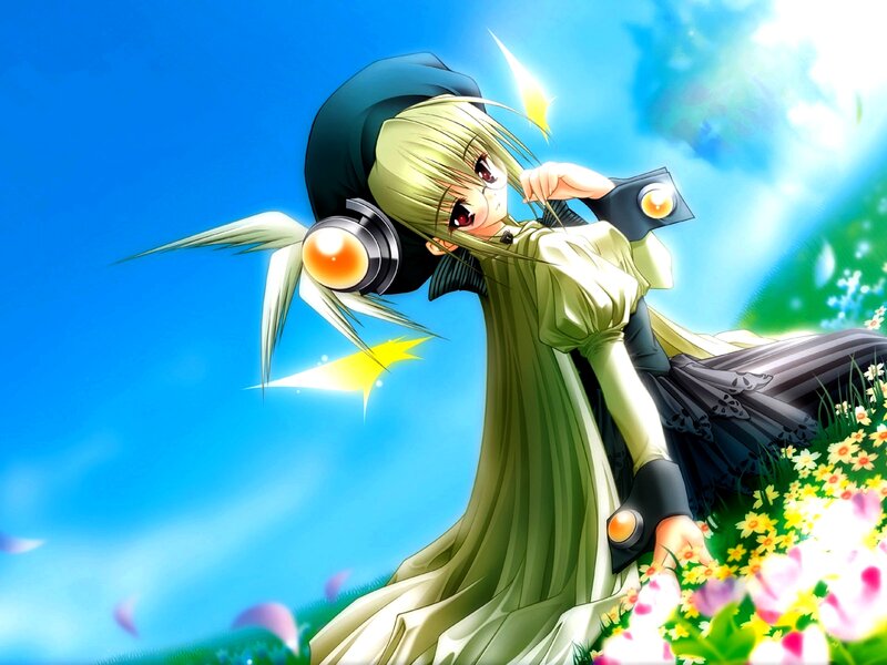 Anime Girl with Headphones — Blue, Bright, Cheerful