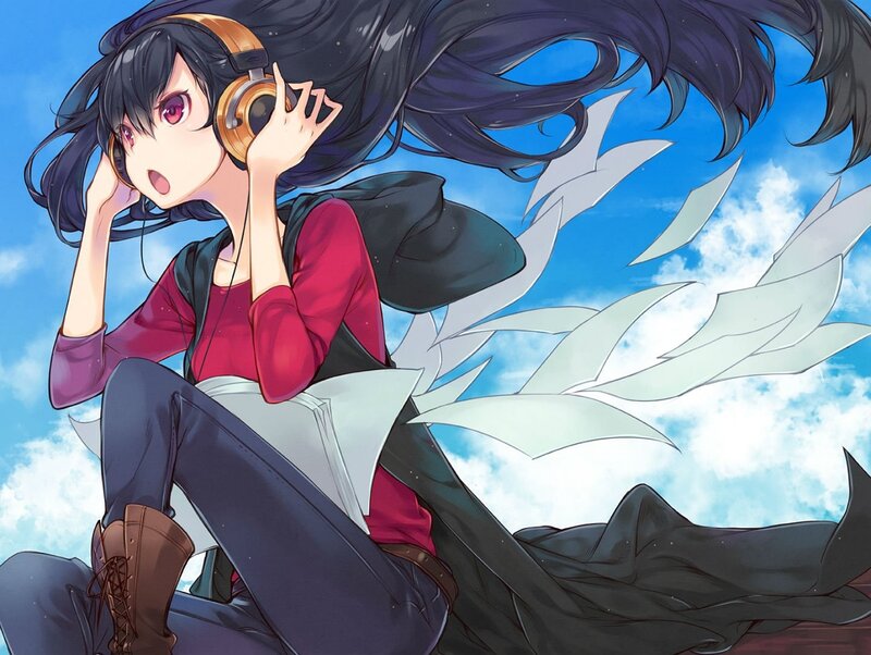 Anime Girl with Headphones — Blue, Calm, Afternoon, Long Hair, Sky