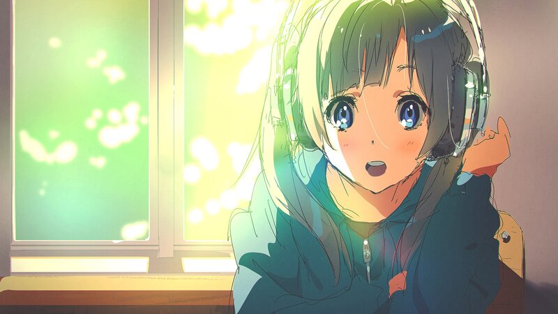 Anime Girl with Headphones — Blue, Calm, Afternoon, Window