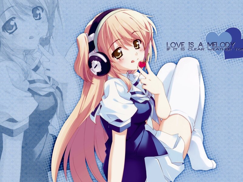 Anime Girl with Headphones — Blue, Calm, Cherry, School Uniform