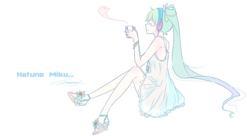Anime Girl with Headphones — Blue, Calm, Digital Art, Cup