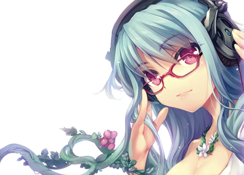 Anime Girl with Headphones — Blue, Calm, Digital Art, Glasses