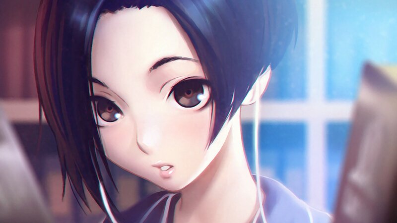 Anime Girl with Headphones — Blue, Calm, Digital Art, Window
