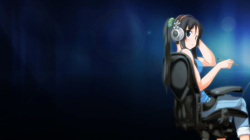 Anime Girl with Headphones — Blue, Calm, Night, Chair
