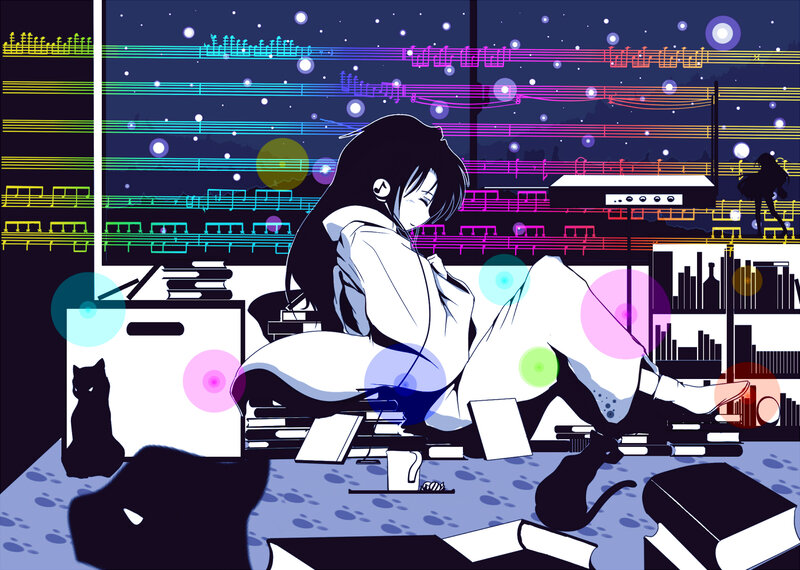 Anime Girl with Headphones — Blue, Calm, Night, Digital Art, Cat, Music Notes