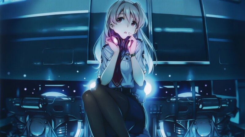 Anime Girl with Headphones — Blue, Calm, Night, School Uniform
