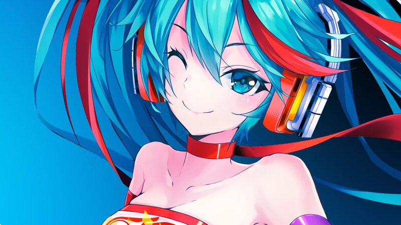 Anime Girl with Headphones — Blue, Cheerful, Digital Art