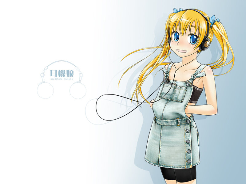 Anime Girl with Headphones — Blue, Cheerful, Overalls