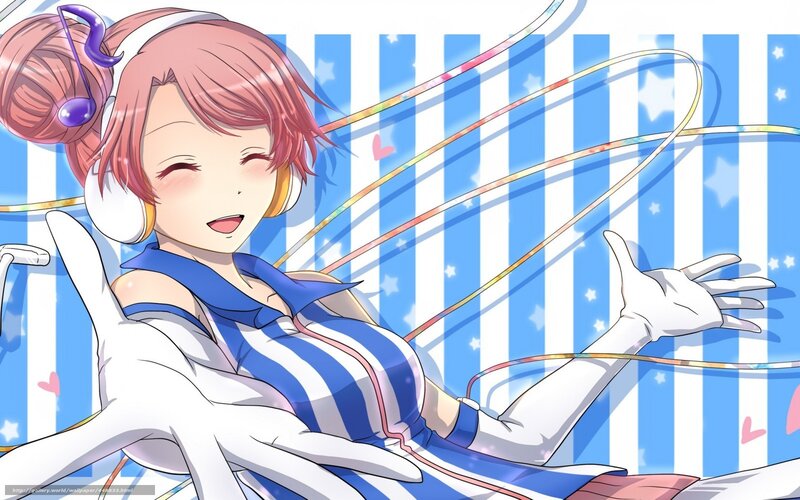 Anime Girl with Headphones — Blue, Cheerful, Striped Background