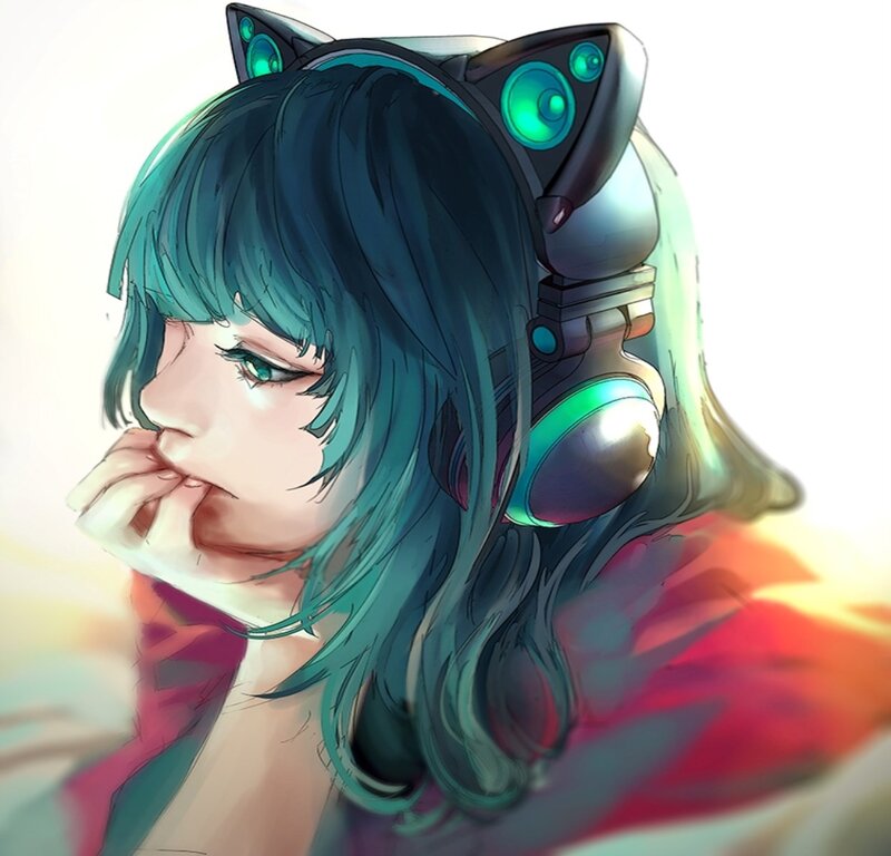 Anime Girl with Headphones — Blue, Contemplative