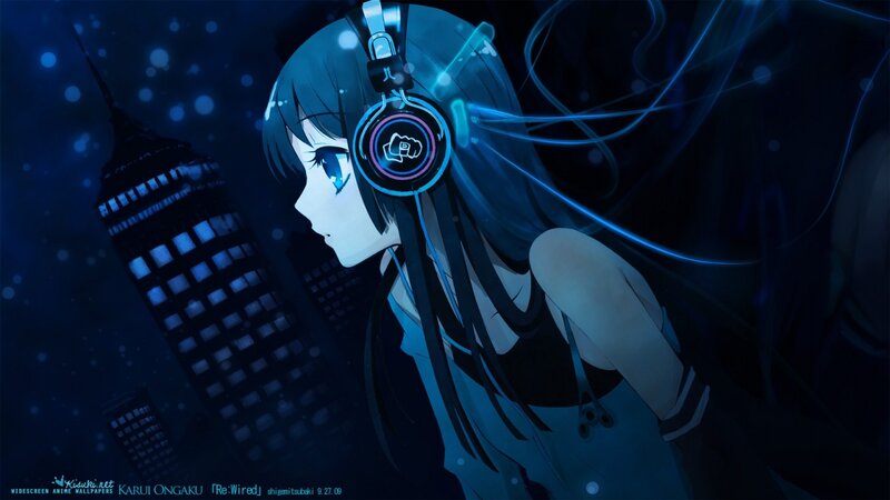 Anime Girl with Headphones — Blue, Dark, Calm, Night, Digital Art, Cityscape