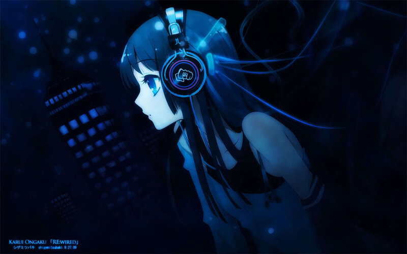 Anime Girl with Headphones — Blue, Dark, Calm, Night