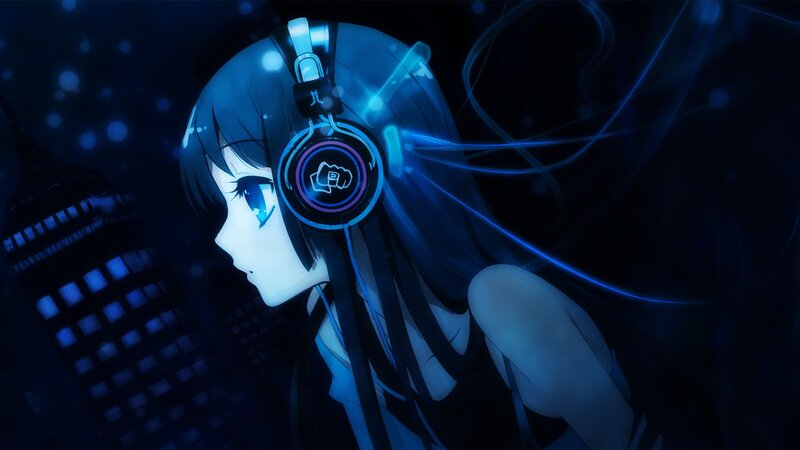 Anime Girl with Headphones — Blue, Dark, Mysterious, Night, Digital Art, Cityscape, Light Streaks