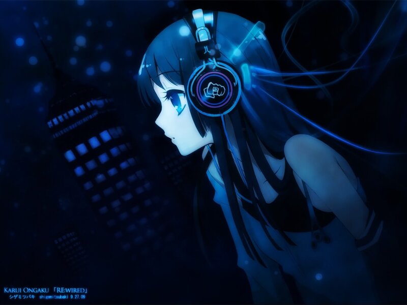 Anime Girl with Headphones — Blue, Dark, Mysterious, Night