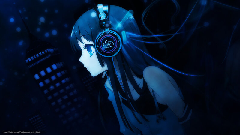 Anime Girl with Headphones — Blue, Dark, Night, Digital Art, Cityscape
