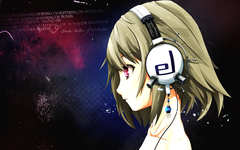 Anime Girl with Headphones — Blue, Dramatic, Night, Digital Art, Red Eyes