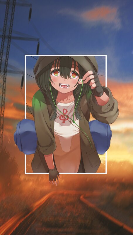 Anime Girl with Headphones — Blue, Dramatic, Sunset, Digital Art, Backpack