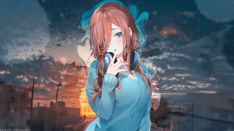 Anime Girl with Headphones — Blue, Dramatic, Sunset, Digital Art, Cityscape