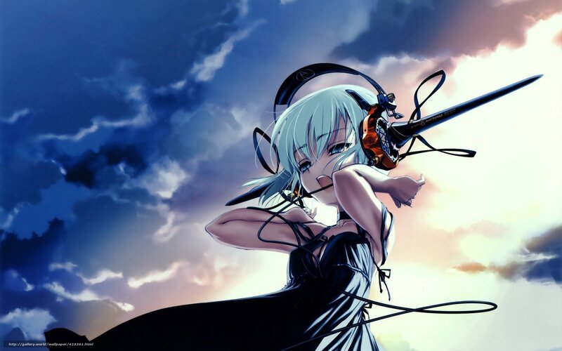 Anime Girl with Headphones — Blue, Dramatic, Sunset, Sword, Clouds