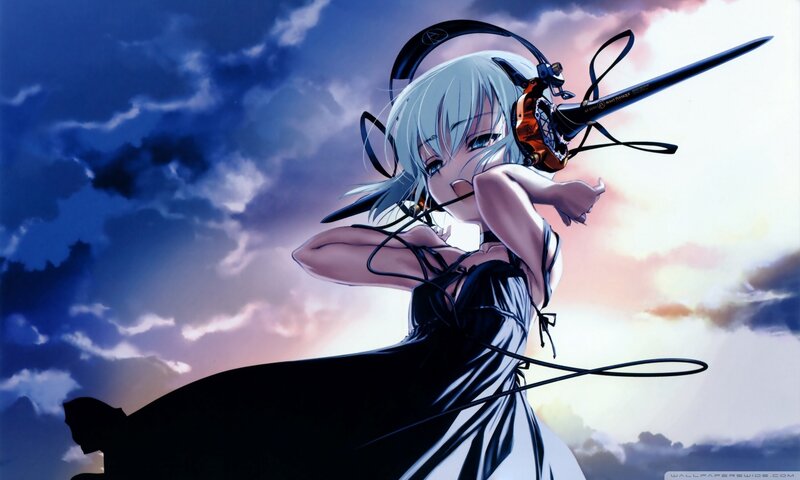 Anime Girl with Headphones — Blue, Dramatic, Sunset, Sword