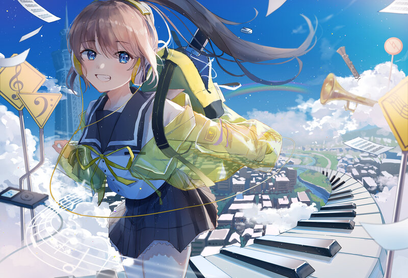 Anime Girl with Headphones — Blue, Dreamy, Afternoon, Digital Art