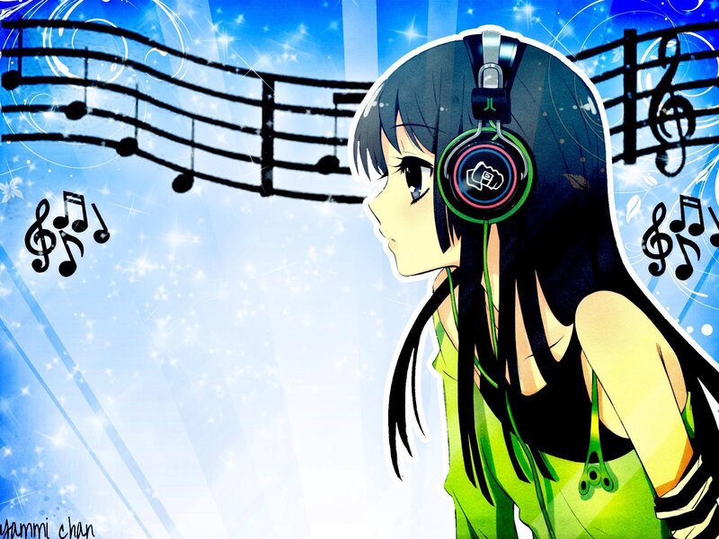 Anime Girl with Headphones — Blue, Dreamy, Digital Art