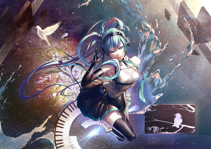 Anime Girl with Headphones — Blue, Dynamic, Digital Art, Dove