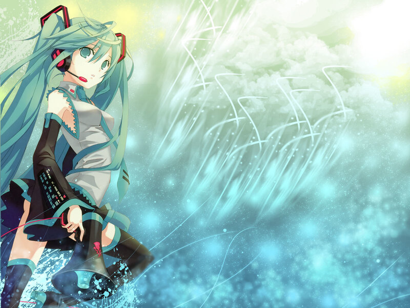 Anime Girl with Headphones — Blue, Dynamic, Digital Art, Megaphone
