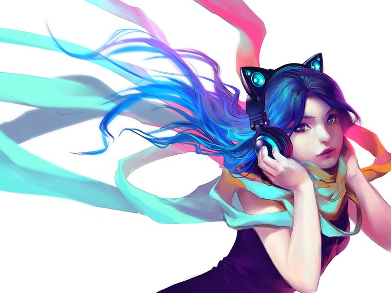 Anime Girl with Headphones — Blue, Dynamic, Digital Art, Scarf