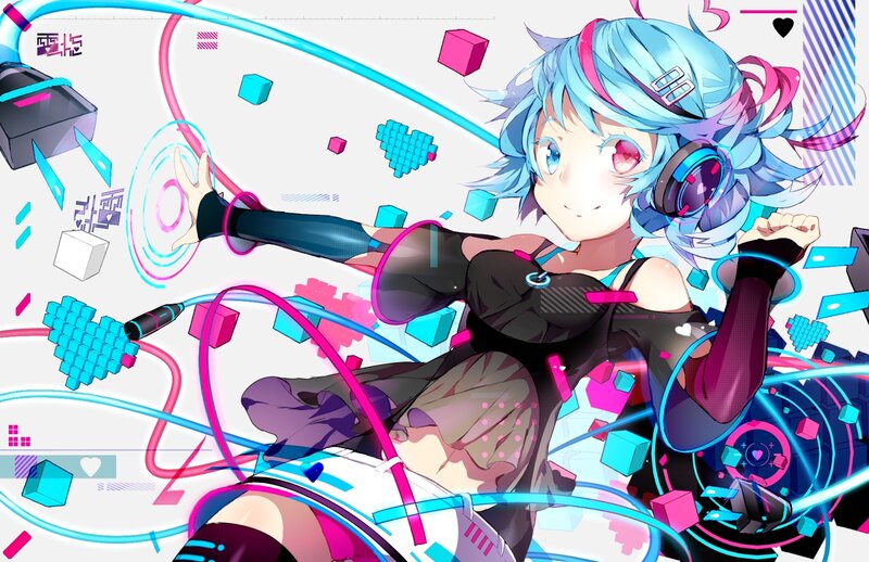 Anime Girl with Headphones — Blue, Energetic, Digital Art, Cubes