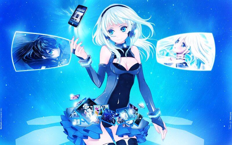 Anime Girl with Headphones — Blue, Futuristic