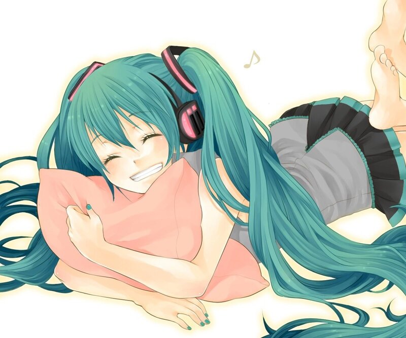 Anime Girl with Headphones — Blue, Happy, Digital Art