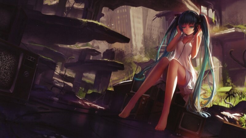 Anime Girl with Headphones — Blue, Melancholic