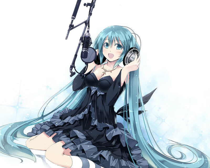 Anime Girl with Headphones — Blue, Playful, Digital Art, Microphone