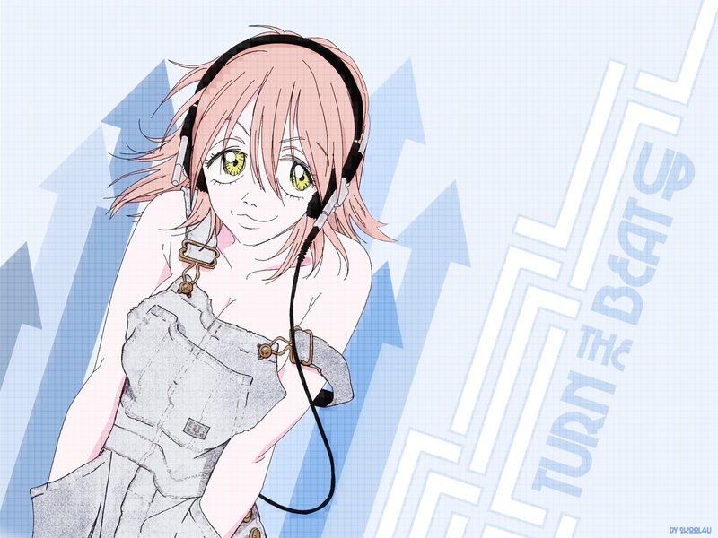 Anime Girl with Headphones — Blue, Playful, Overalls