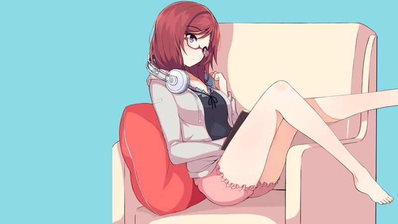 Anime Girl with Headphones — Blue, Relaxed, Glasses