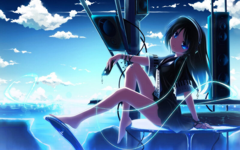 Anime Girl with Headphones — Blue, Serene, Afternoon, Digital Art, Speaker, Clouds