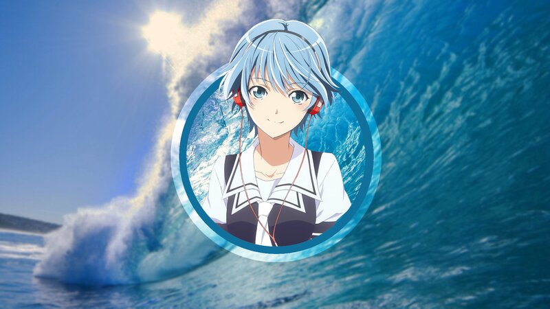 Anime Girl with Headphones — Blue, Serene, Afternoon, Ocean Wave