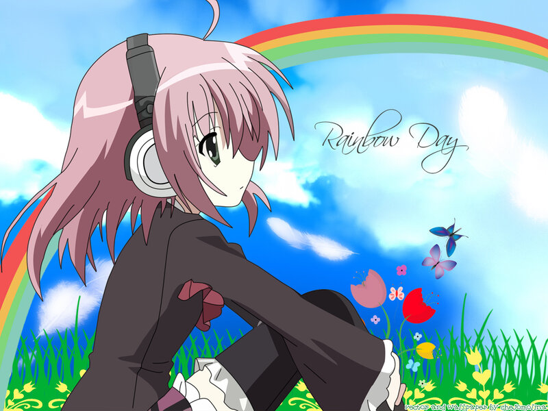 Anime Girl with Headphones — Blue, Serene, Afternoon, Rainbow