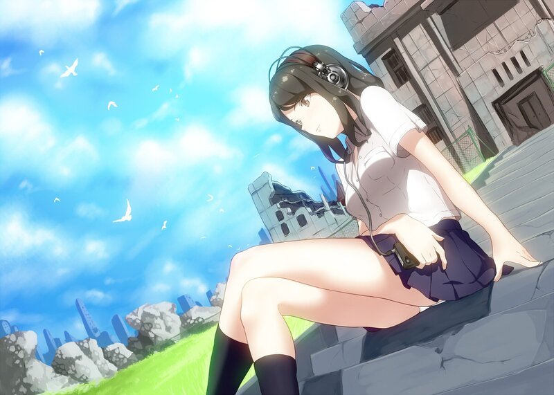 Anime Girl with Headphones — Blue, Serene, Afternoon, Ruins