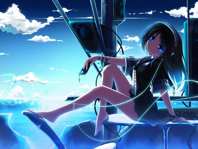 Anime Girl with Headphones — Blue, Serene, Afternoon
