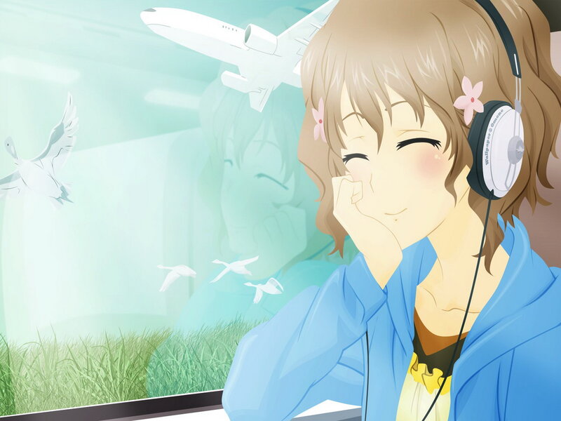 Anime Girl with Headphones — Blue, Serene, Flowers