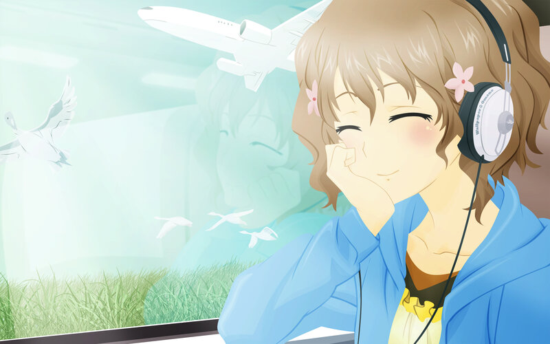 Anime Girl with Headphones — Blue, Serene, Morning
