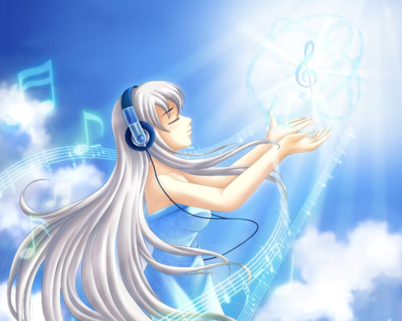 Anime Girl with Headphones — Blue, Serene, Music Notes